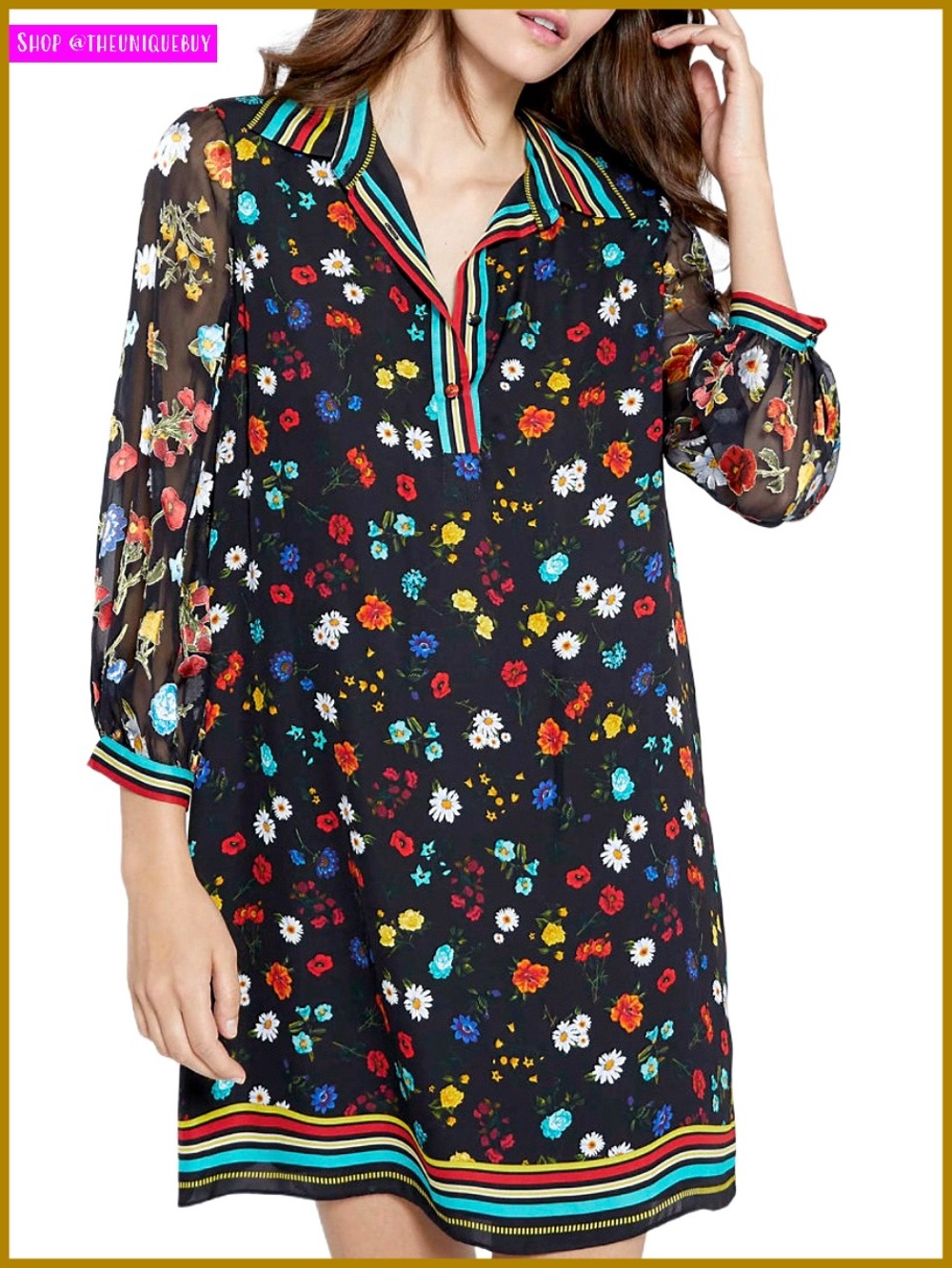 Alice + Olivia Lalita Floral Collared Silk Blend Mini Shirt Dress